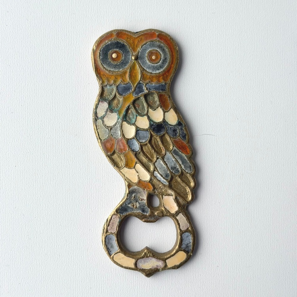 Vintage Enameled Brass Owl Bottle Opener Mid Century Modern Barware Retro